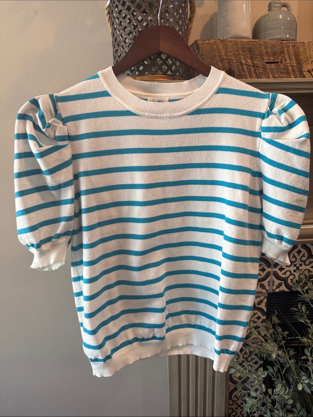 LA MIEL White and Turquoise Puff Sleeve Striped Top
